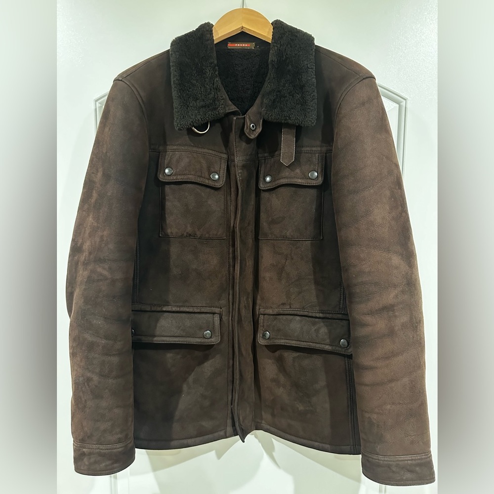 Prada Linea Rosa chocolate brown suede and shearling military style coat